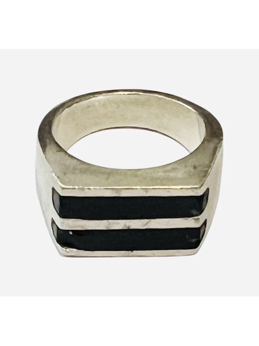 Antique Silver 925 Onyx Double Inlay Ring Sz 7 14 Grams STONE IS BROKEN ON SIDE